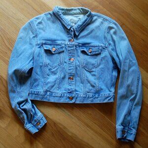 J Crew Jean Jacket Blue Denim Cropped Button Up Distressed Classic